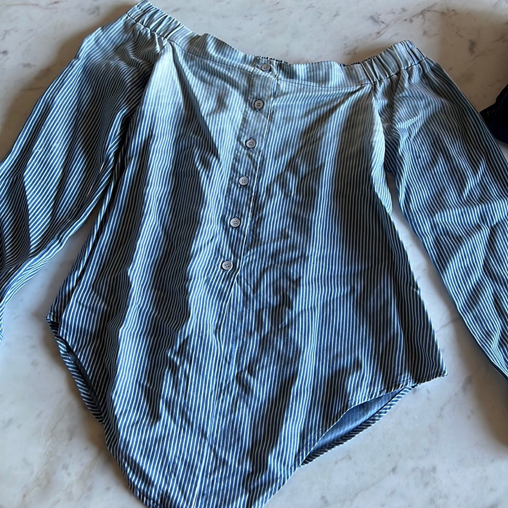 Off the shoulder blue blouse